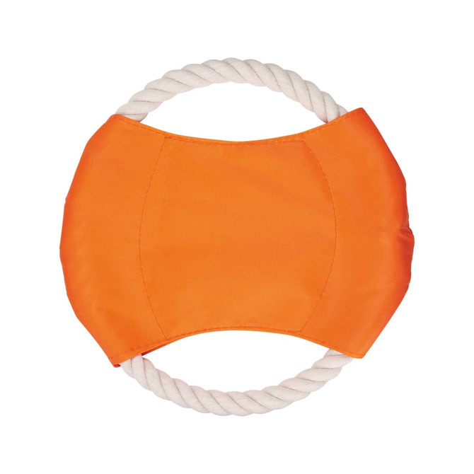 An orange dog toy with a rope handle, featuring a smooth fabric surface and a round shape.
