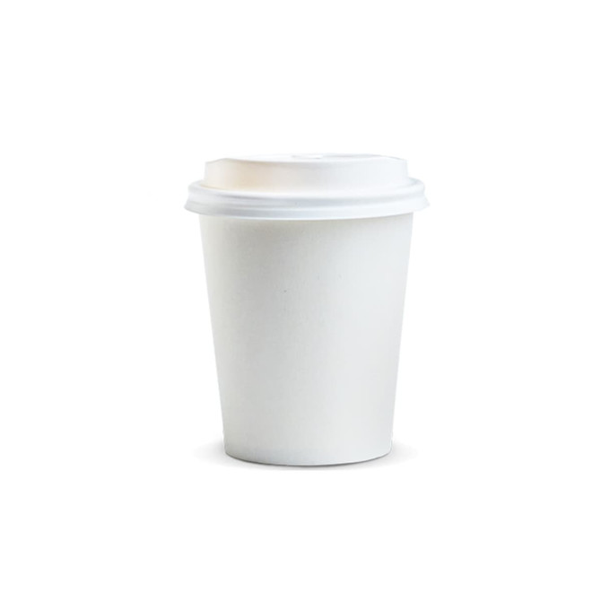 A white paper coffee cup with a lid, designed for hot beverages, and features a logo.