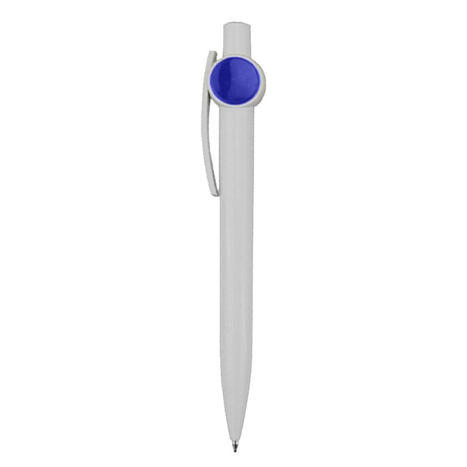 A white plastic pen with a blue accent and clip, featuring a round cap design and a branding logo.