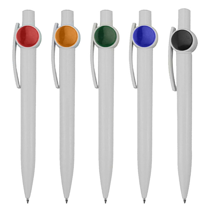 A collection of five plastic pens in white with coloured accents: red, orange, green, blue, and black. Each has a logo.