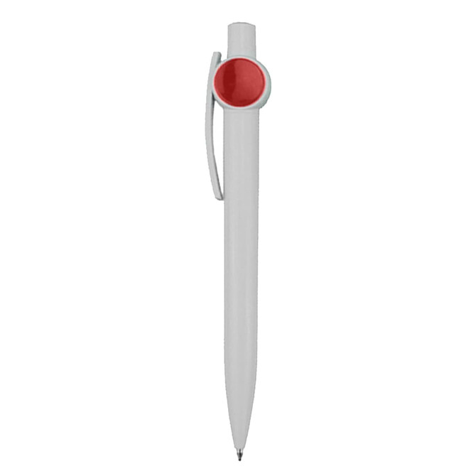 A plastic pen in white with a red accent, featuring a clip and a logo.