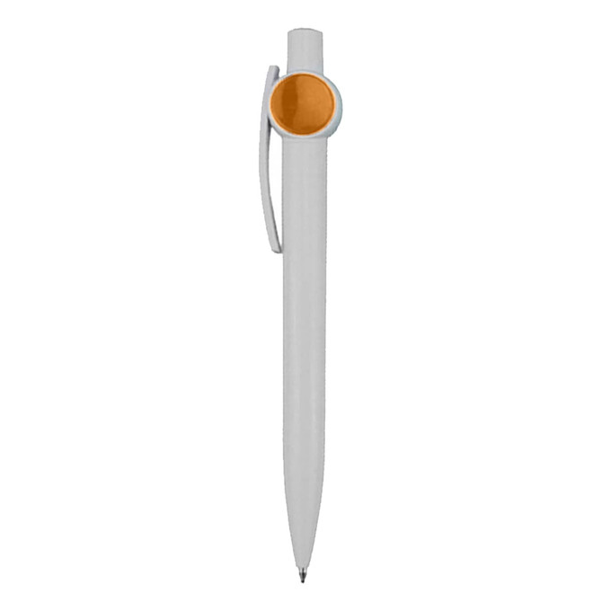 A plastic pen in white with a circular orange accent and a clip, featuring a branding logo.