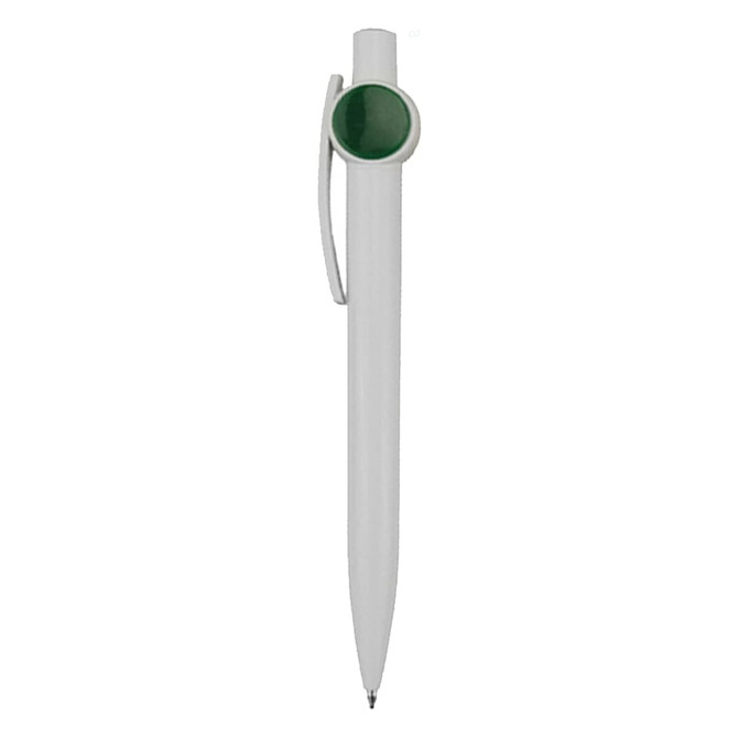 A plastic pen in white with a green accent and clip, featuring a logo on the barrel.