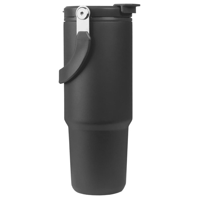 A drink bottle in matte black with a handle and a cap, featuring a sleek design and a logo.