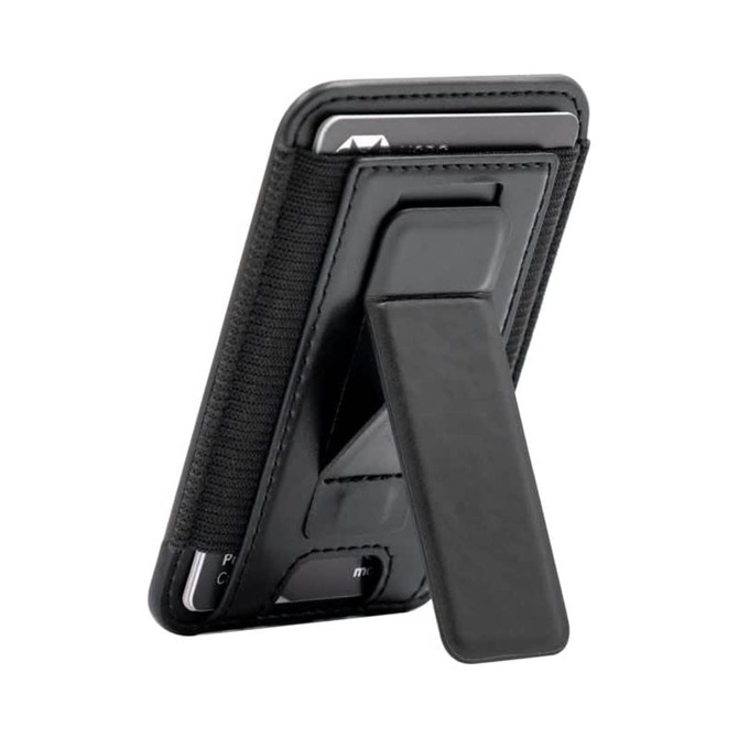 A black phone wallet with a stand feature, designed to hold cards and attach to a mobile device.
