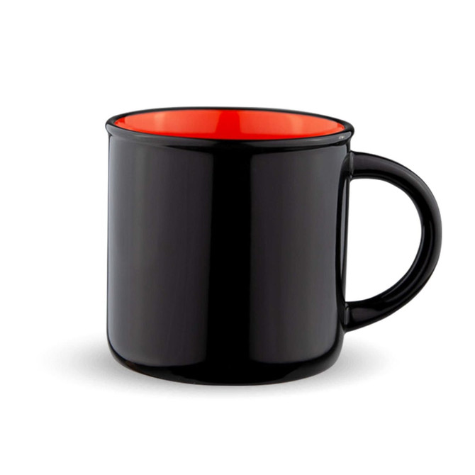 A drink mug in glossy black with a vibrant red interior. It has a sturdy handle and a smooth finish.