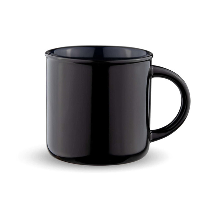 A black ceramic mug with a smooth finish and a curved handle. It features a logo on the front.