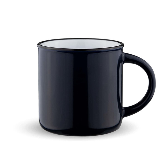 A drink mug in deep navy blue with a contrasting white interior and a comfortable handle. Features a logo.