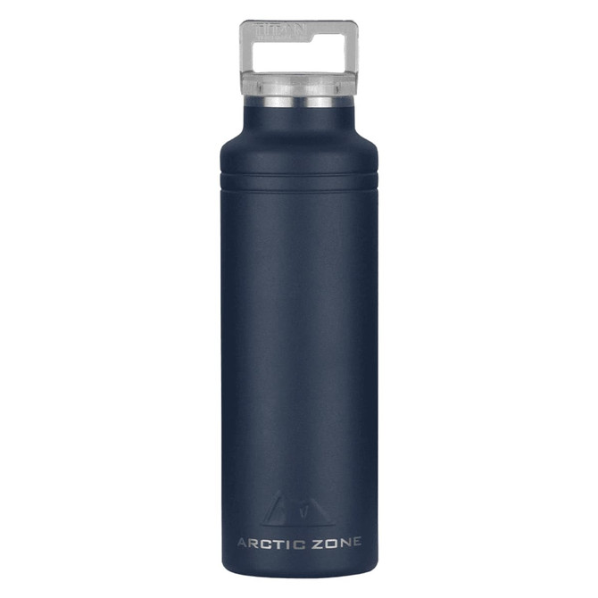 A drink bottle in navy blue with a silver lid and a branded logo on the front.