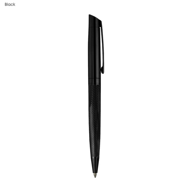 A sleek black metal pen with a textured grip and a clip for easy attachment. Features a minimalist design.