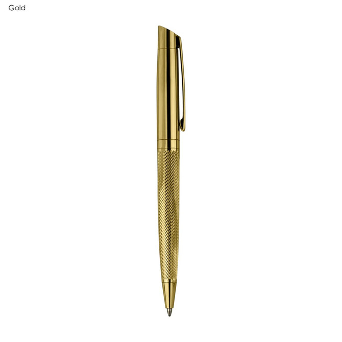 A gold metal pen with a textured grip and a polished finish, featuring a clip and a branding logo.