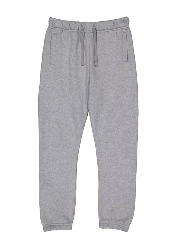 A pair of grey track pants with an elastic waistband and pockets, featuring a logo.