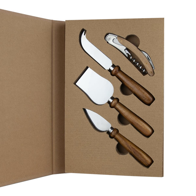 A cheese knife set featuring three stainless steel knives with wooden handles, presented in a cardboard box.