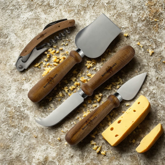 A cheese knife set featuring three knives with wooden handles and a silver blade, alongside a piece of cheese.