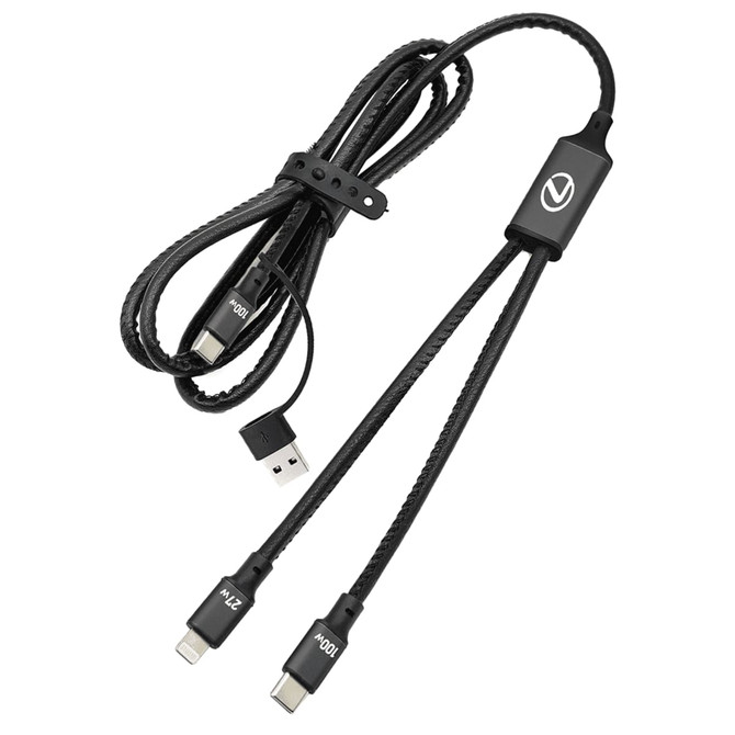 A 120cm black 4 in 1 charging and data transfer cable with multiple connectors and a logo.