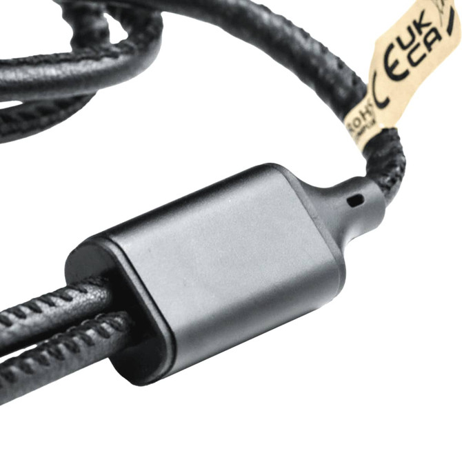 A 120cm black braided charging cable with four connectors for data transfer. The cable has a small black control box.