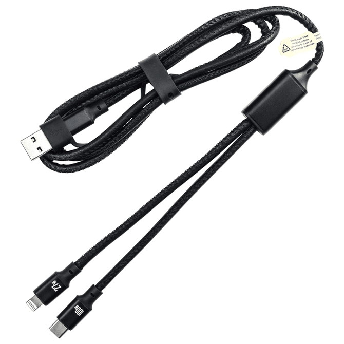 A black 120cm 4 in 1 fast charging data transfer cable with multiple connectors and a braided design.