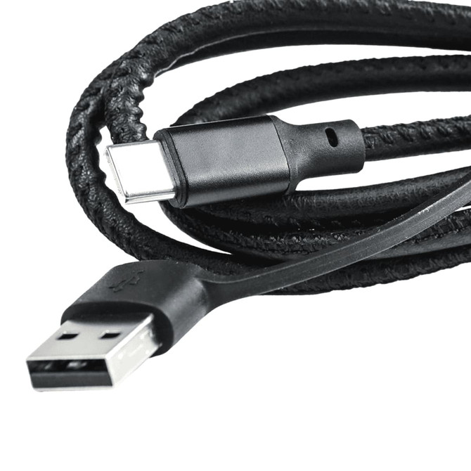 A 120cm, four-in-one fast charging data transfer cable in black, featuring USB and USB-C connectors.