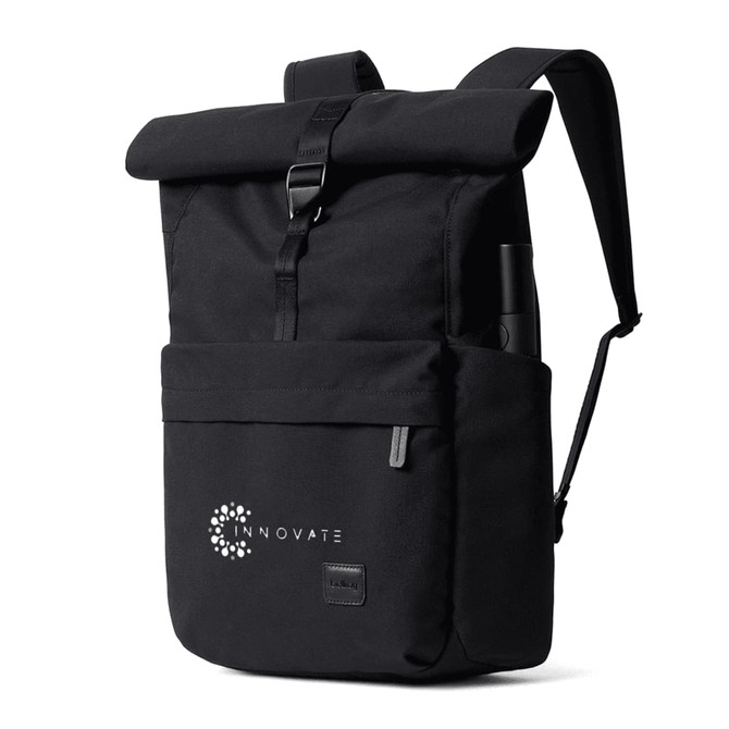 A black rolltop backpack featuring a front pocket and a logo, with adjustable straps and a drink bottle holder.