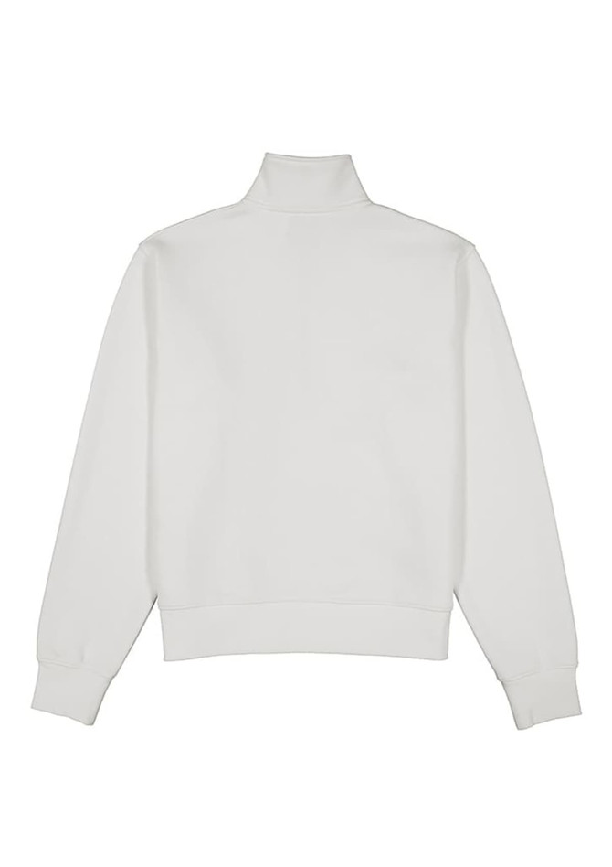 A white women's jumper with a 1/4 zip, featuring a high collar and long sleeves, with a logo on the back.