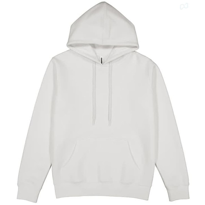 A white women's everyday hoodie with a front pocket and drawstring hood. The hoodie features a logo.