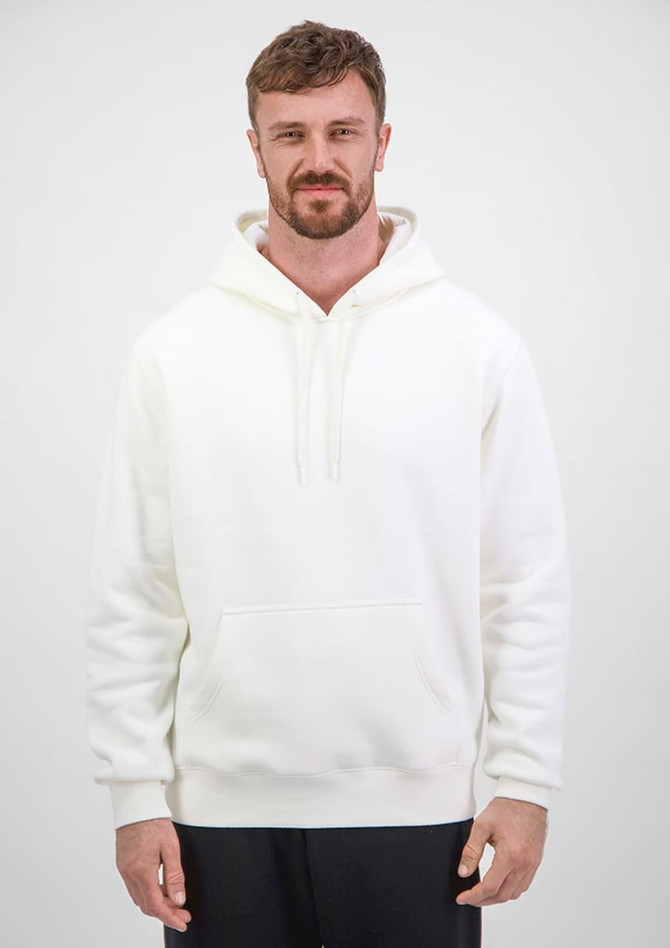 A white men's hoodie with a kangaroo pocket and drawstring hood, being worn by a model.