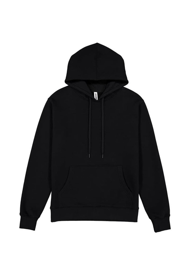 A black hoodie with a front pocket and drawstring hood. The product features a logo on it.