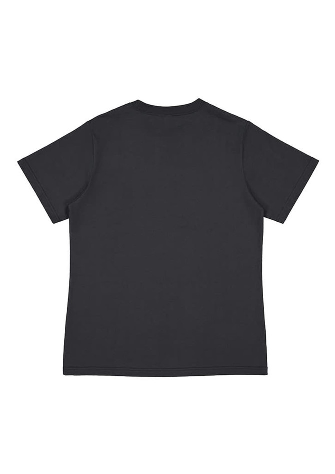 A black women's short sleeve tee with a simple design, featuring a logo on the back.