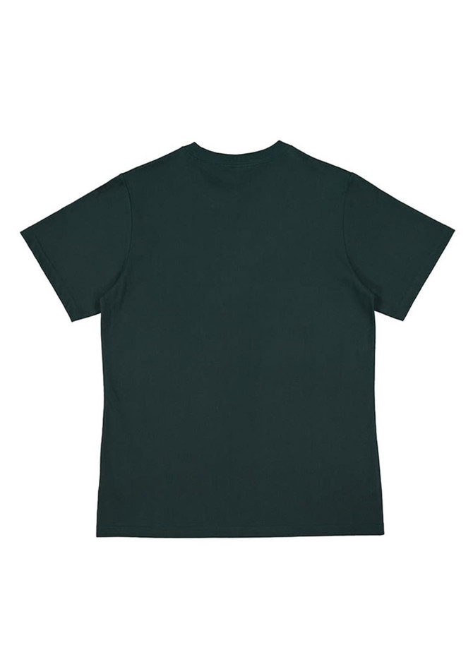 A dark green women's short sleeve tee, featuring a simple design and a plain back. It includes a logo.