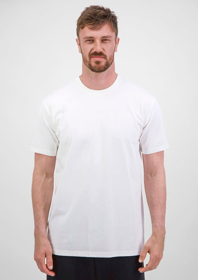 A white short sleeve tee for men is displayed on a model against a plain background. The tee features a logo.