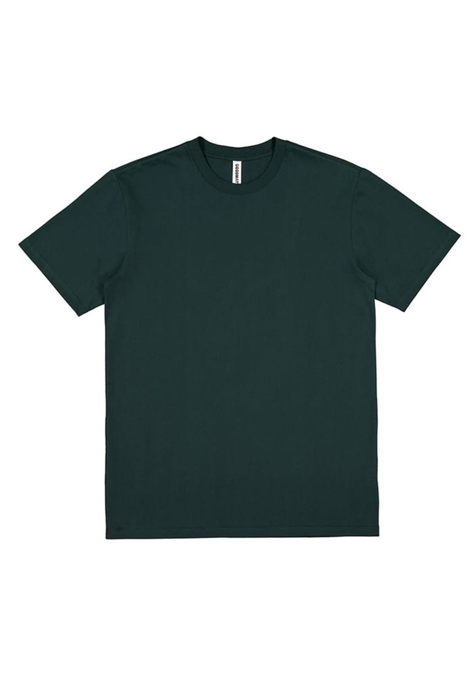 A dark green men's short sleeve t-shirt with a round neck and a logo on the label.