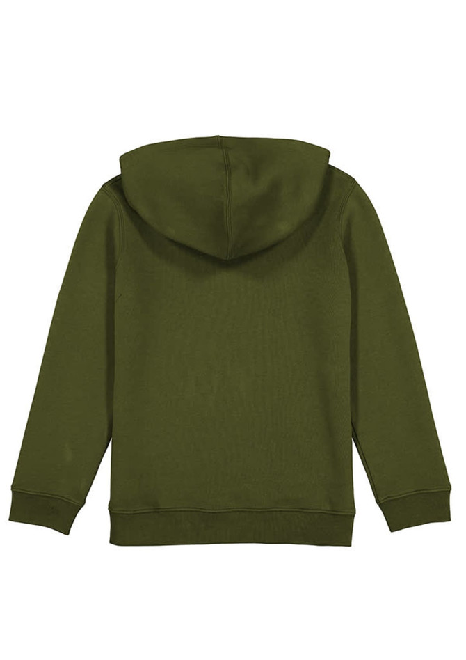 A green hoodie with a hood and long sleeves, featuring a simple design and ribbed cuffs.