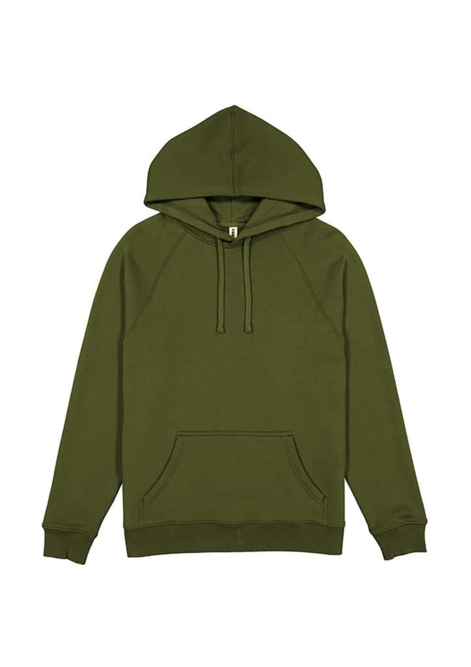 An olive green women's hoodie featuring a front pocket and a hood, with a simple design and branding.