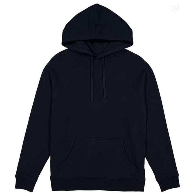 A navy hoodie with a hood, long sleeves, and a front pouch pocket. It features a logo.