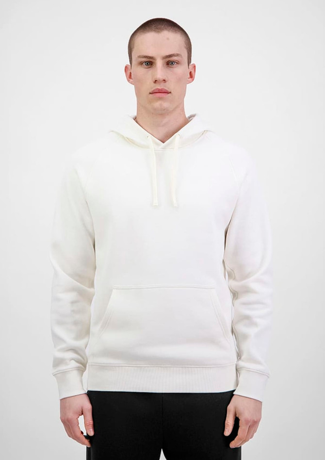 A men's hoodie in white, featuring a drawstring hood and a front pocket, with a plain design.