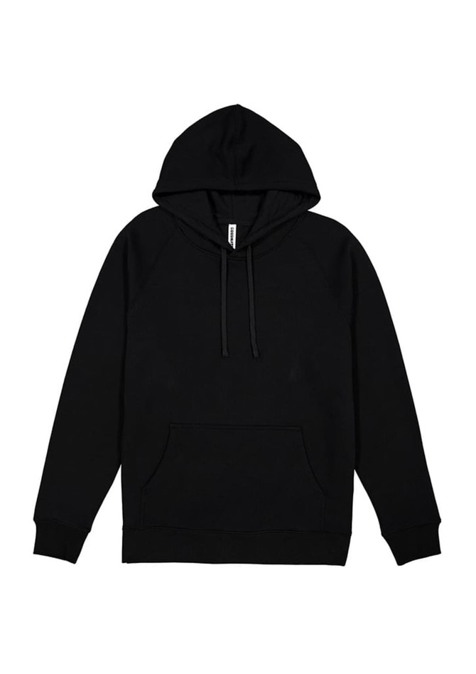 A black hoodie with a front pocket and a drawstring hood, featuring a logo on the front.