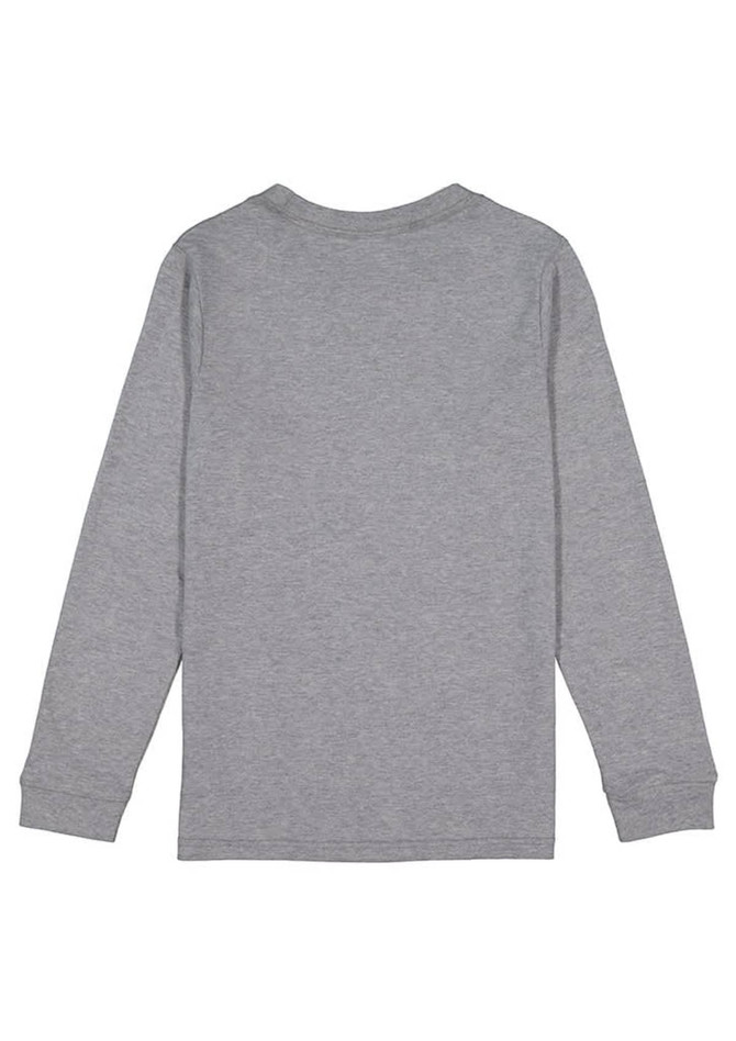 A grey long sleeve tee with a simple back design, featuring long sleeves and a crew neckline.