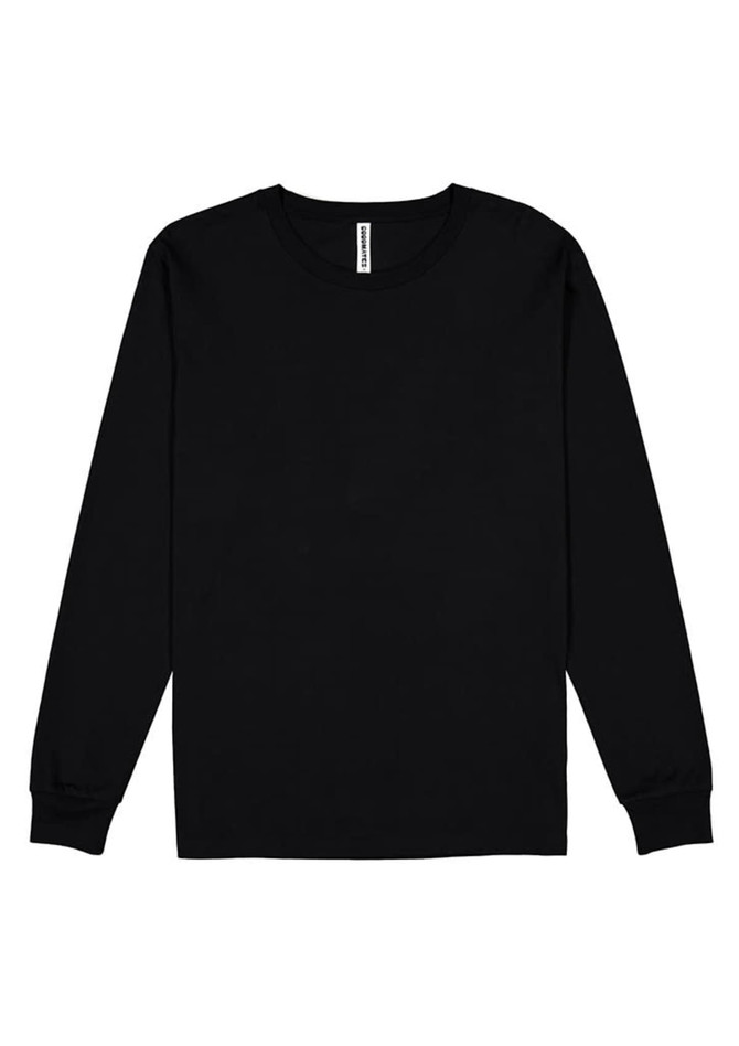 A black long sleeve t-shirt featuring a round neck and cuffed sleeves, with a branded label.
