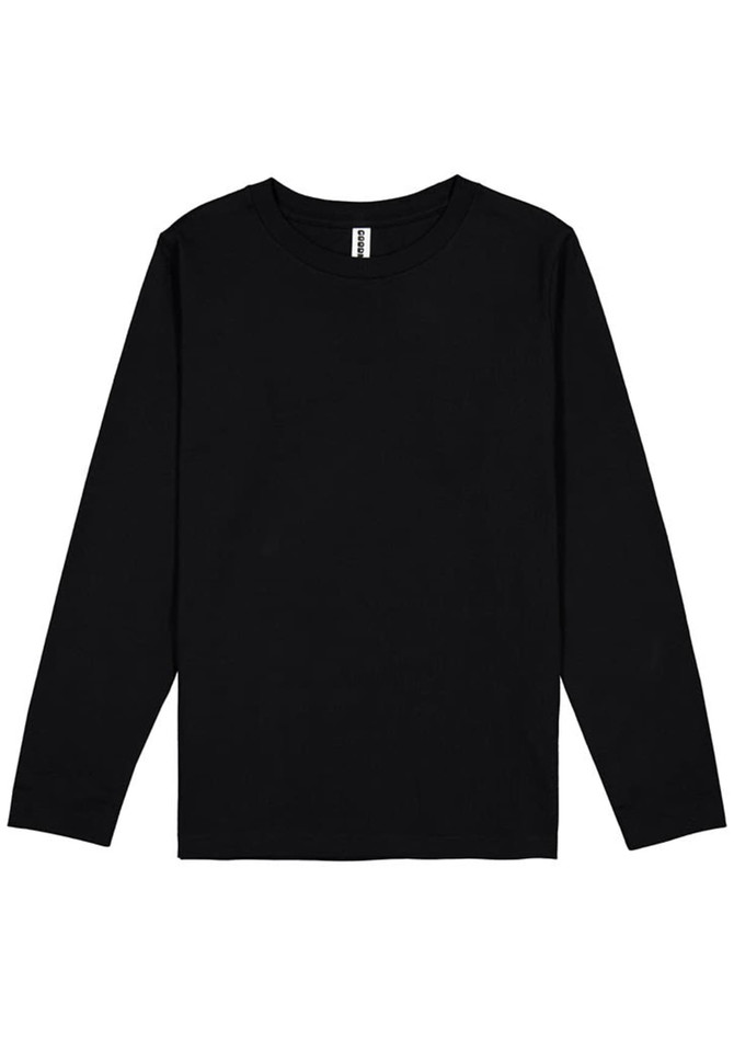 A black long sleeve tee with a round neckline and soft fabric. It features an interior label and has no visible logos.