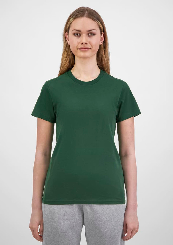 A women's short sleeve tee in green, featuring a simple design and a logo on the front.