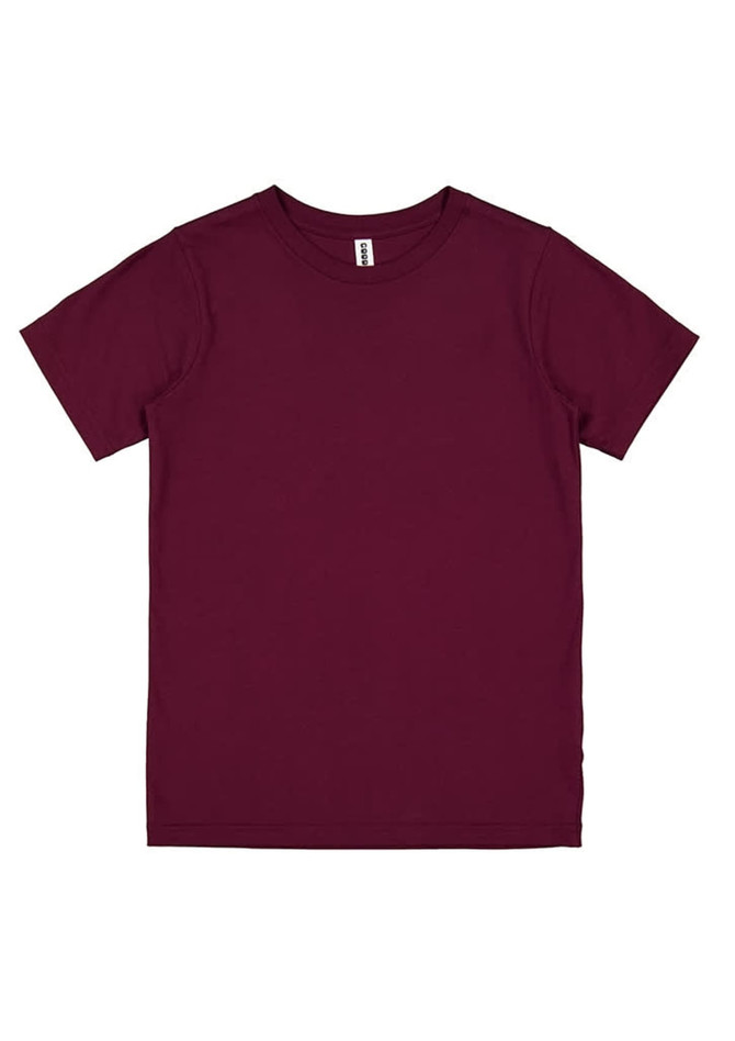 A maroon short sleeve tee with a label and no additional graphics or text. Suitable for kids.
