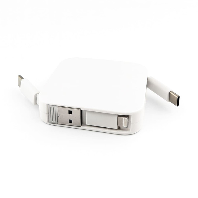 A white retractable cable with USB and Lightning connectors, featuring a compact design and built-in branding.