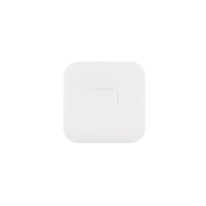 A white, square-shaped retractable cable with a simple design and a branding logo on the surface.