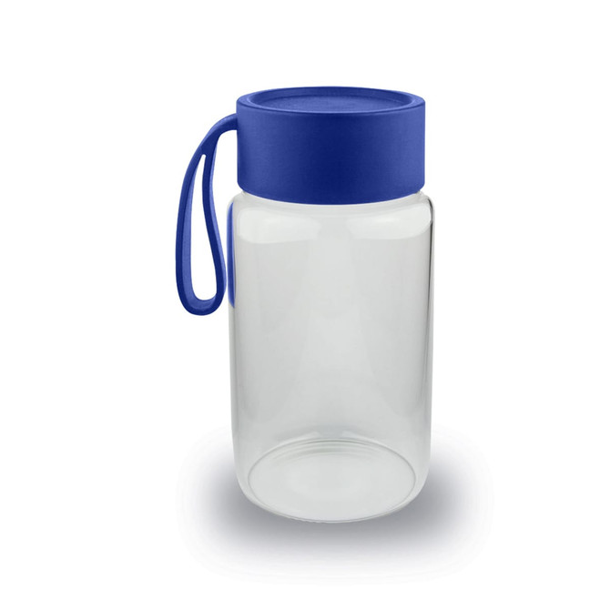 A drink bottle with a clear body and a blue lid, featuring a handle for easy carrying.
