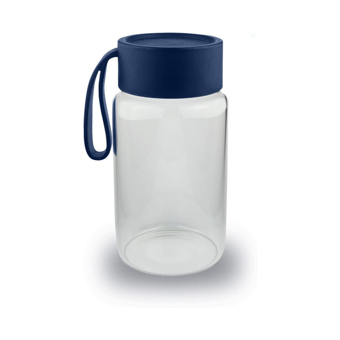 A drink bottle in clear glass with a navy blue lid and handle. It has a smooth, minimalist design.