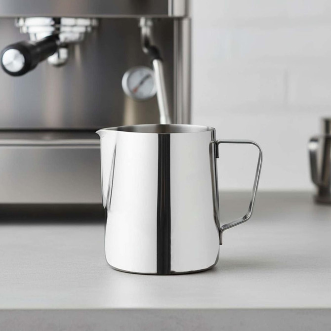 A stainless steel milk jug with a handle, positioned on a countertop near a coffee machine.