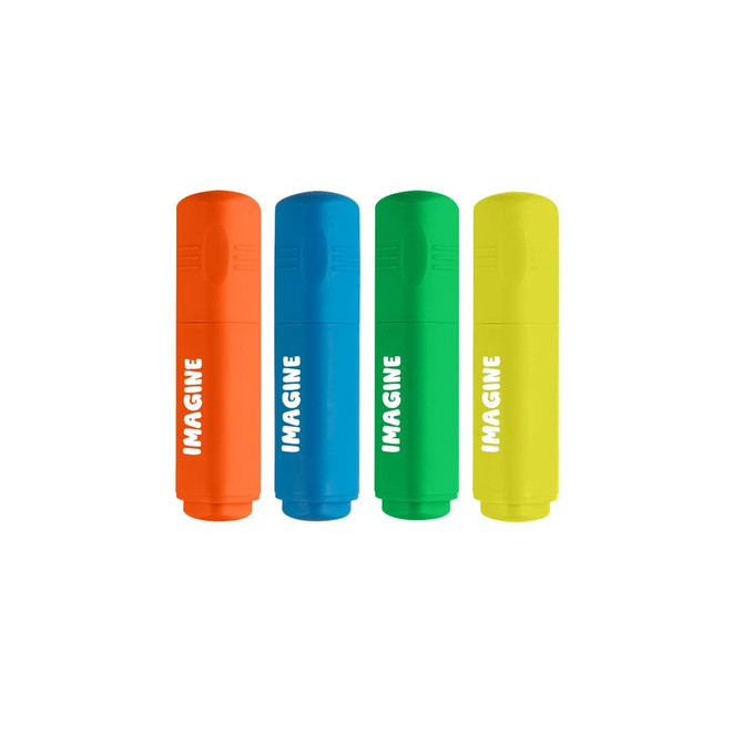A set of four highlighters in orange, blue, green, and yellow, each featuring a cap and a branding logo.