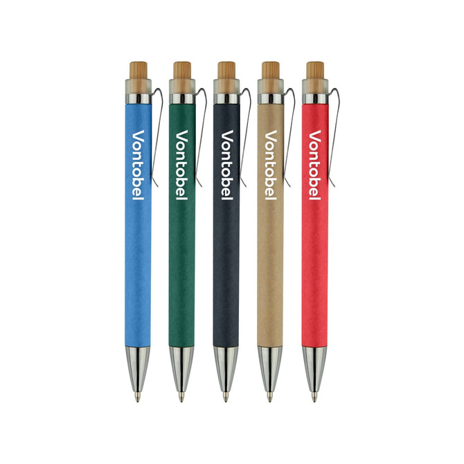 A set of five recycled cardboard pens in green, blue, black, brown, and red, with clips and branding on the barrel.