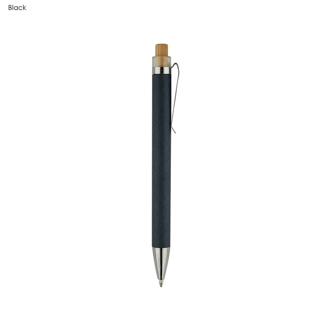 A black recycled cardboard pen with a bamboo top and a silver clip. It features a logo on its side.