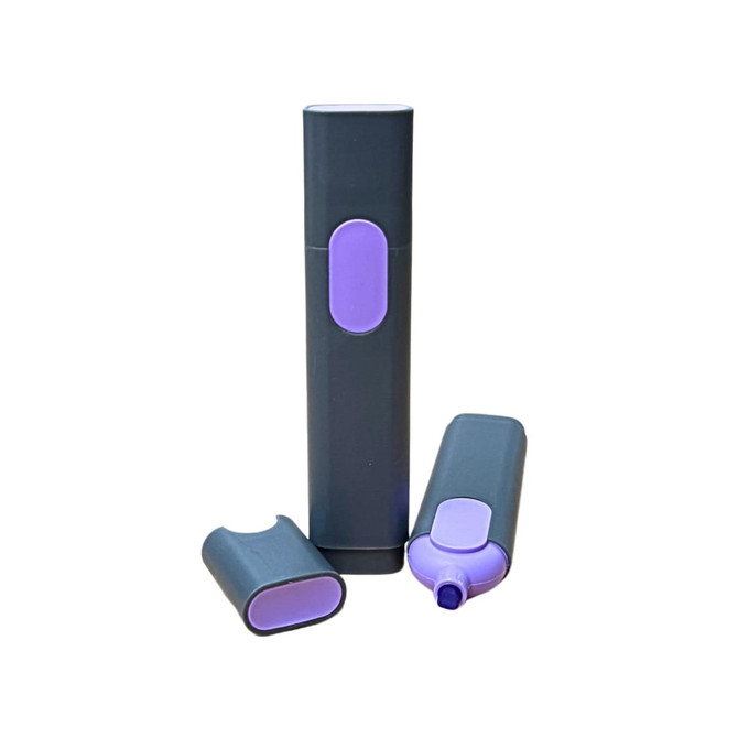 A purple and grey highlighter, featuring a cap and a simple logo on the side.